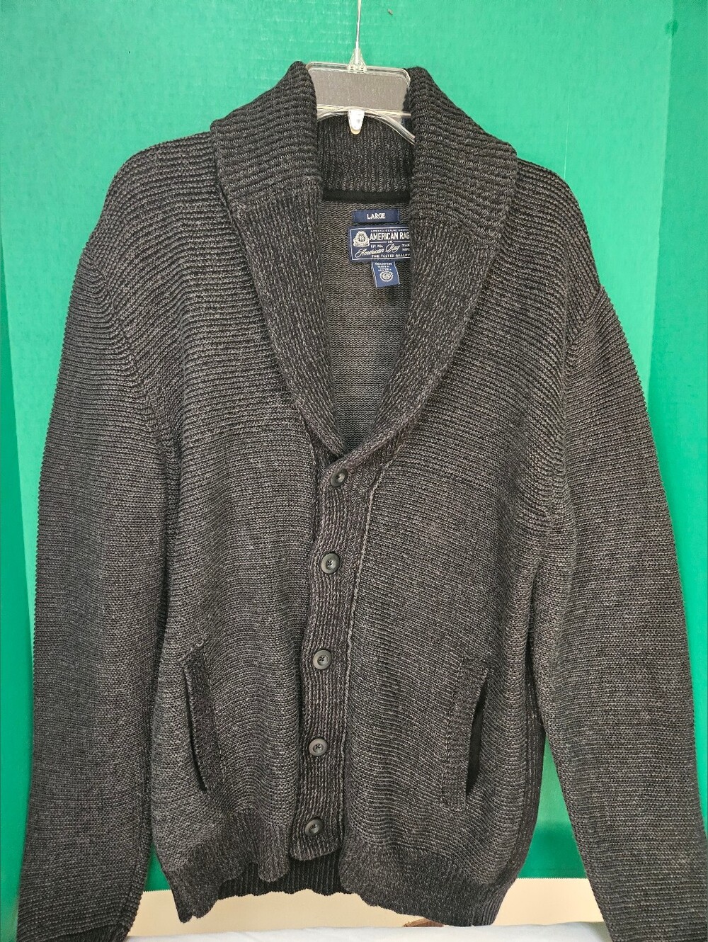 American Rag Men's 100% Cotton Heavy Knit Shawl Collar Cardigan Grey L